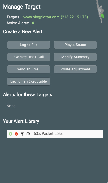 The PingPlotter Alerts Tab, with alerts in the alert library